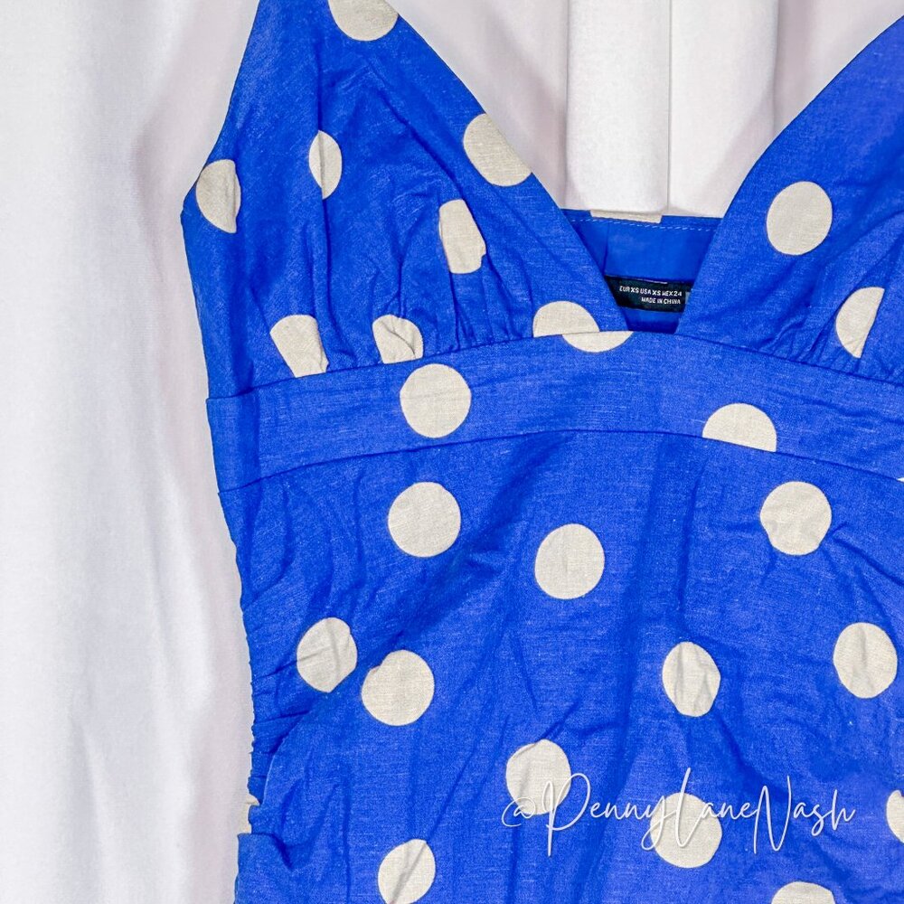 Zara Linen Blend Polka Dot Ruched Midi Dress Blue/Tan - Picture 7 of 13